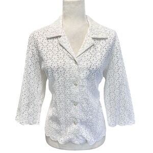 Women's Size L Vintage 90s Y2K White Button Up Shirt 3/4 Lace Floral Cottagecore